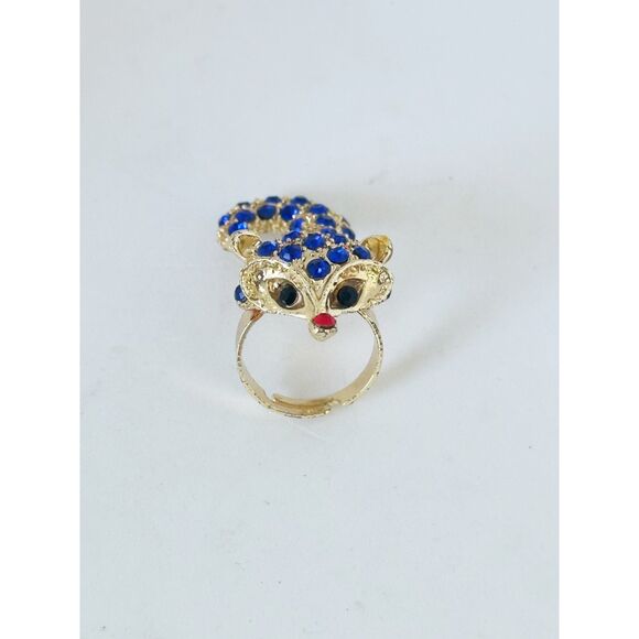 Fox Tail Climbing Ring Adjustable Gold Tone Blue Rhinestone - Picture 3 of 5